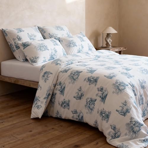 LERUUM Housse Couette 200x200 Coton Parure De Lit Percale Ado Fille Adulte 2 Personnes Bleu Blanc Motiv La Toile De Jouy Motif avec 2 Taie d'oreiller 65x65