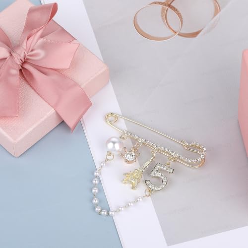 Image of Number 5 Lapel Brooches and Pins, Designer Brooches for Women Vintage Gold Pins and Brooch Imitating Pearl Rhinestone Brooch Pin Fashion Lapel Pin for Wedding Banquet Jewelry Gift