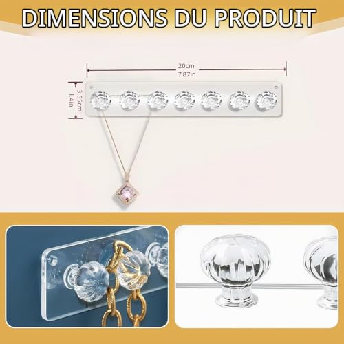 KEWUF Rangement Mural pour Bijoux, Porte Collier, Porte Bijoux Mural, Organisateur de Bijoux pour Colliers, Bracelets, Fixation Adhésive Facile, Décoration (Acrylique Transparent, 2 Pièces) – vue 2