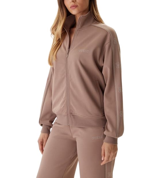 GUESS Eco Octavia - Sudadera de cuello alto con cremallera completa para mujer, Gris pardo sedoso, S