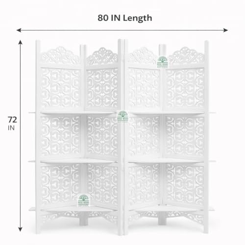 Image of Wooden Room Divider 6 Feet, 4-Panel Folding Wooden Partition for Living Room, Office, Pooja Room, Restaurant, Kitchen & Balcony (2W x 1.82H Meters). (Milky White Shelves)