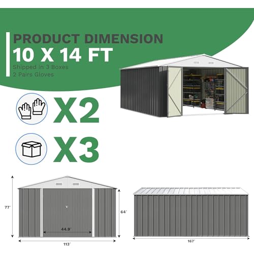 Image of Patiowell 10x14 FT Outdoor Storage Shed, Large Metal Garden Shed with Lockable Door and Sloping Roof, Outside Steel Utility Tool Sheds for Backyard Lawn Garden Patio, Grey