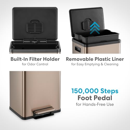 Image of SIMPLI-MAGIC 13 Gallon /50 Liter Kitchen Trash Can, Stainless Steel Step-On Garbage Bin with Side Handles, Built-In Odor Filter Holder & Removable Inner Bucket for Kitchen & Office & Bedroom, Rose Gold