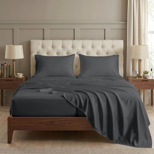 Image of LANE LINEN Split King Sheet Sets Adjustable Bed Sateen Weave - Charcoal | Split Cal King Sheets Sets For Adjustable Bed - 5-Piece Set, 16 inch Deep-Pocket Snug Fit, 1000 Thread Count, Cozy Feel
