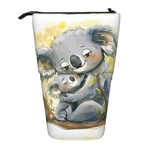 Lixlzh Cute Koala Mom and Baby Print Telescopic Standing Pencil Bag Polyester Pen Holder Stationery Office Organizer Box