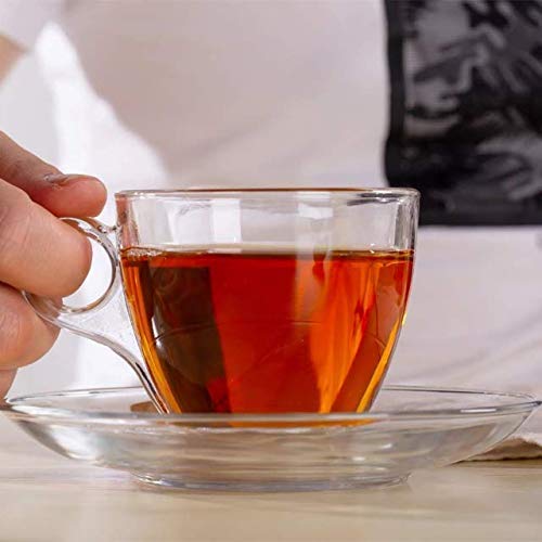 Image of KELVEE New Crystal Clear Classic Glass Tea & Coffee Cup and Saucer Set, for Latte Cappuccino Espresso Mocha and More, (6 Cups and 6 Saucers) - Pack of 12 (Honey)