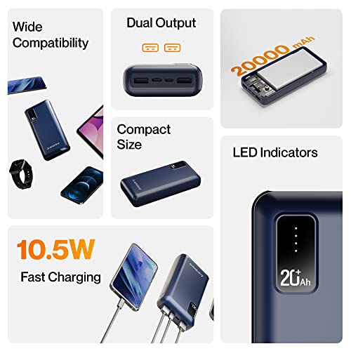 Image of Ambrane 20000mAh Power Bank with 10.5W Fast Charging, Dual USB Output, Made in India, Multi-Layer Protection, Wide Compatibility, Stylish & Compact Design + Free Type-C Cable (Capsule 20, Blue)