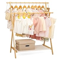Cozivolife Kids Clothing Rack with 2 Hanging Rods and 4 Hooks, Kid Dress Up Holder with Bottom Storage Shelf, Child Garment Stand, Small and Foldable, Bamboo (Natural)