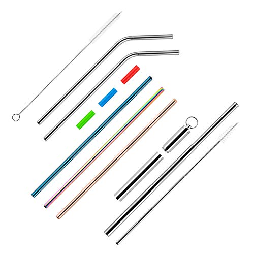 Eco Friendly, Reusable Straws for Drinks - 6pc Assortment of Metal Straws (Stainless Steel Straws): 3 Straight Straws, 2 Bent Straws, 1 Collapsible Metal Straw, 2 Cleaning Brushes