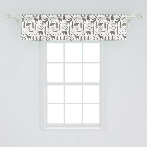Ambesonne Northwoods Window Valance Pack of 2, Forest Elements with Bear Moose Trees and Mountains Wildlife Nature Theme, Rod Pocket Curtain Valances for Kitchen Bedroom, 54" X 12", Taupe White