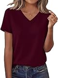 DANVOUY Womens V Neck Tees Casual Summer Solid T Shirts Short Sleeve Tops Wine Red Large