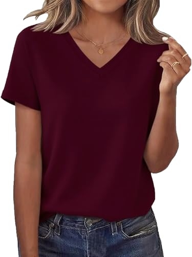 DANVOUY Womens V Neck Tees Casual Summer Solid T Shirts Short Sleeve Tops Wine Red Large