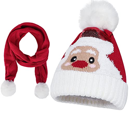 Kids' Knit Beanie Hat with Scarf & Pom Pom - Winter Ski Hat for Boys & Girls - Christmas Theme