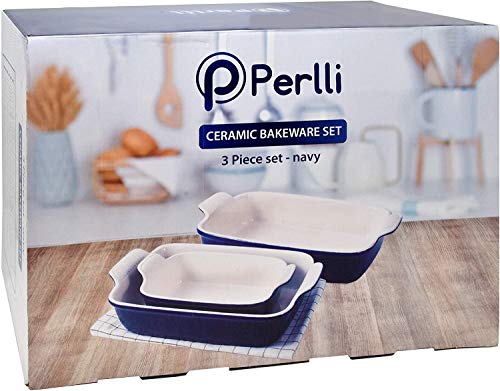 PERLLI Ceramic Baking Dish Pan Set, 3 Piece Nonstick Rectangular Bakeware Dishes Set, Classic Blue Lasagna Cookware Pans Casserole Dish, with Silicone Pot Handle Grips - Thumbnail 5