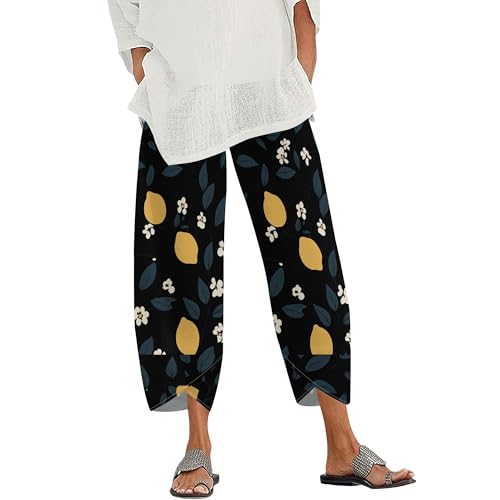 Womens Tropical Capri Pants High Waist Lemon Print Drawstring Summer Beach Cotton Linen Trousers