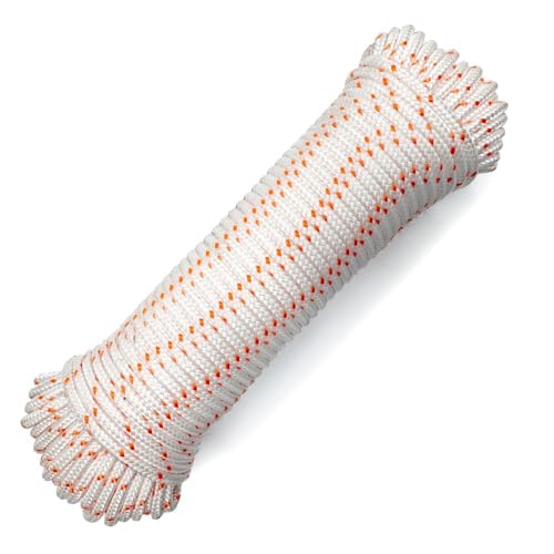 Heavy Duty Polyester Double Braided Rope Arborist Rigging Tree Work Halyard Sailing 2200lbs High Strength Support for Camping Hiking & Utility Use (White/Orange 3/16in X 100FT)