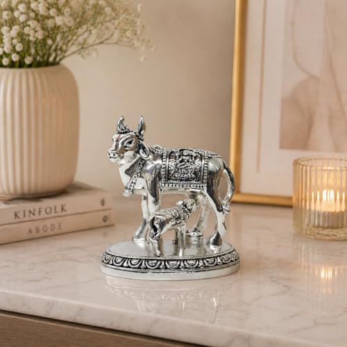 Image of Gold Art India Kamdhenu Cow and Calf Idol | Silver Finish Decorative Murti | 7.62 cm x 7.62 cm | Sacred Gau MATA Statue for Home Temple & Gift