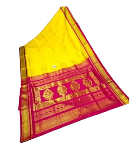 Nauvari Paithani Saree 9 wari Golden Zari Semi Silk - Yellow Pink