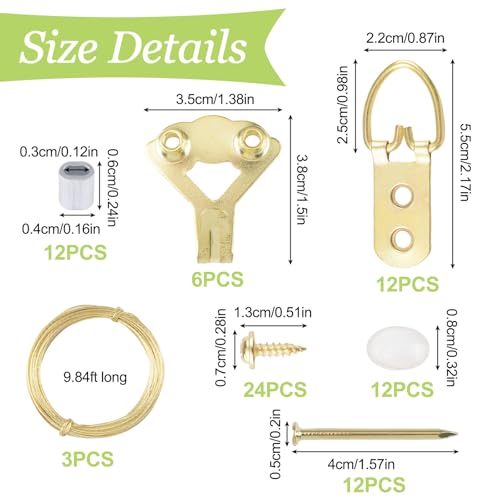 Image of Picture Hanging Kit - 3 Rolls 3M Picture Wire & 6 Hanging Hooks & 12 D-Rings with Nails Heavy Duty Picture Hangers for Wall Art, Exhibitions & Galleries(Gold)