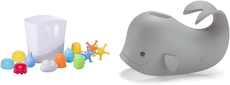 Ubbi Baby Bath Essentials Bundle with Drying Bin, Bath Toys, and Moby Bath Spout Cover