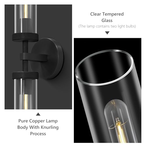 Image of Bathroom Wall Sconce Hardwired, Black Wall Sconces Set of 2, 20.5 inch Vanity Lights Over Mirror, Linear Wall Sconce Dimmable, Bathroom Light Fixtures Glass Tube, Bronze Wall Sconces Interior