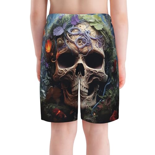 Boys Swim Trunks Beach Board Shorts Pockets Kids Youth Bathing Suits, Cool Skull Weed4