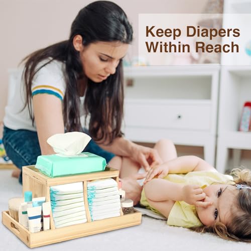 Three colors Diaper Caddy Organizer, Wooden Diaper Organizer, Changing Station Table Organizer, Baby Nursery Organization Diaper Storage Organizer with Removable Dividers (light brown) - Thumbnail 3