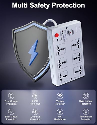 Image of MX 6-Outlet Power Strip with 2 USB Ports, Universal Socket, 1.5m Extension Cord, International Sockets, Master Switch, Multi-Plug Extension Board for Home & Office(5V 2400mA)