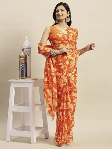 Image of RATAN Women's Chiffon Floral Printed Saree with Unstitched Blouse Piece