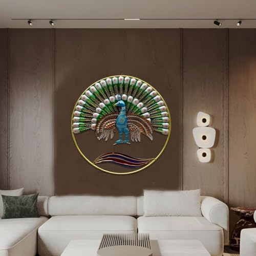Image of Iron Big Handcrafted Multicolor Round Metal Peacock Abstract Wall Art Decorative Wall Frame Sculpture for Living Room Bedroom Drawing Room Home Decor