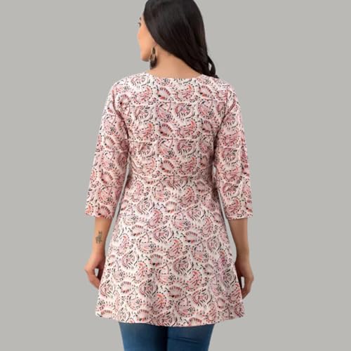 Image of LIVING ROOTS Women /Girls Cotton Angrakha Side Dori V- Neck Casual Short Kurti 3 /4 Sleeve (6041-L) Pink