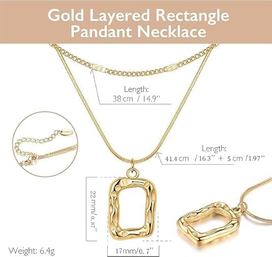 Evabelle Gold Layered Necklace for Women Trendy Jewelry 14K Real Gold Plated Chunky Chain Stackable Necklaces Dainty Choker Necklaces Rectangle Square Pendant - Image 3