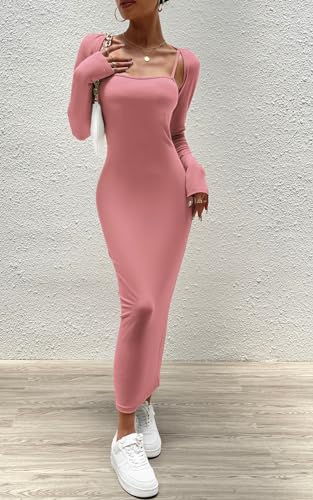 Image of Women's Spring Fall 2 Piece Outfits Slip Bodycon Maxi Dress and Long Sleeve Cropped Cardigan Knit Matching Sets