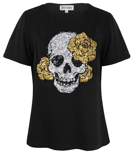 Image of PESION Womens Short Sleeve T-Shirt Sequined Tops O-Neck Funny Graphic Tees Blouse