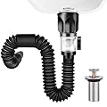 No Need Tools Easy Install Bathroom Sink Drain Kit, 3 in 1 Plumbing, Fits for 1-1/4'' & 1-1/2'' Drain Hole, RV Bathroom Sink Drain Strainer Cover Stopper p trap Flex-drain Drainage Pipe Drain Pipe