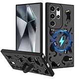 Fiyart Designed for Samsung Galaxy S24 Ultra Case Cute Cats Built-in Finger Strap Phone Grip Kickstand for Women Girls,Compatible with MagSafe TPU Hard PC Shockproof Camera Protection 6.8'-Black