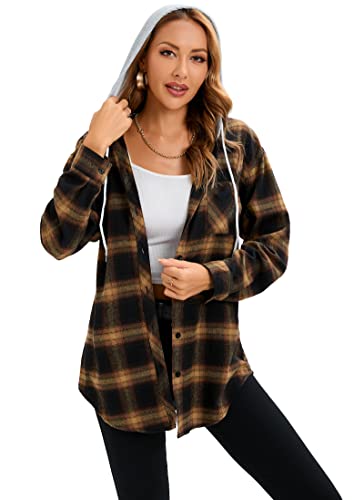 Women's Plaid Flannel Shirts Hoodie Long Sleeve Oversized Shirt Jacket Button Down Blouse Tops2