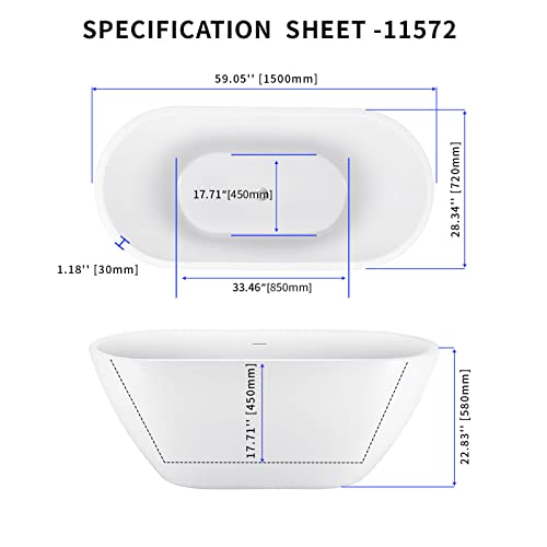 Image of 59 inch Acrylic Freestanding Bathtub, Double Ended Free Standing Tub, Soaking Tub with Integrated Slotted Overflow, Toe-Tap Chrome Drain, cUPC Certified, Glossy White