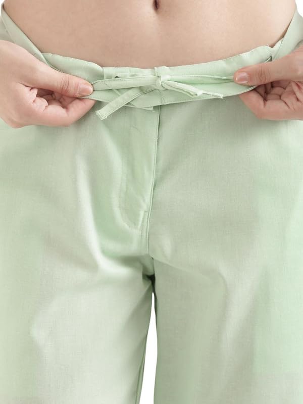 Image of SAADAA Women's Airy Linen Straight Pants | Regular Fit Trousers | Half Elasticated with Drawstrings & Buttons | 4 Pockets | Everyday & Office Wear