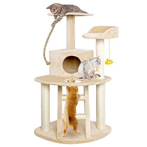 BEAU JARDIN Cat Tree Condo Furniture with Scratching Posts 47.5 Inch Cat Activity Tree Heavy Duty Corner Cat Tower Pet House Scratcher Multi-level Kitty Play House for Kitten with Perch Play Toy Beige