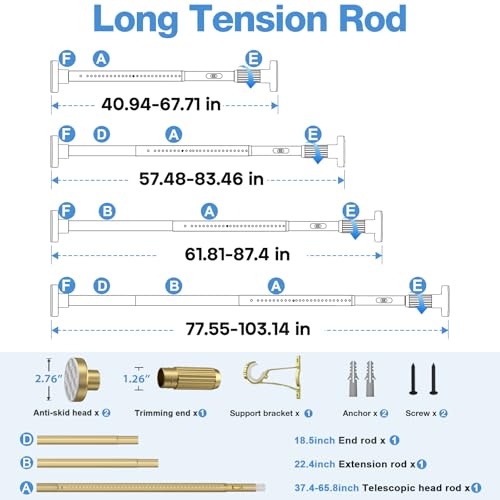Image of Long Tension Rod 41-103inch Gold Tension Curtain Rods no Drilling | 1.26 inch Diameter Outdoor Curtain Rod for Patio,Windows,Anywhere Heavy Duty Spring Rods Adjustable