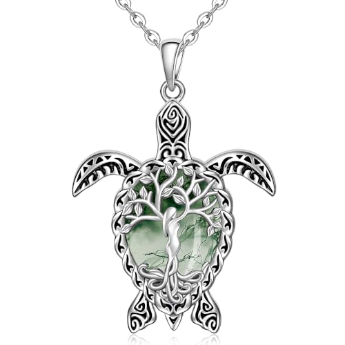 Turtle Necklace Moss Agate Tree of Life Sea Turtle Necklace for Women Sterling Silver Ocean Beach Hawaiian Sea Jewelry Gifts
