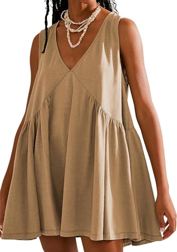 Image of Sleeveless Mini Dress for Women 2026 Summer Casual V Neck Sundress Loose Babydoll Dress with Pockets