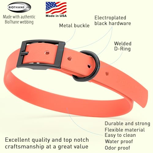 Image of Dogline Biothane Waterproof Dog Collar Strong Coated Nylon Webbing with Black Hardware Odor- Proof for Easy Care Easy to Clean High Performance Fits Small Medium or Large Dogs, Coral