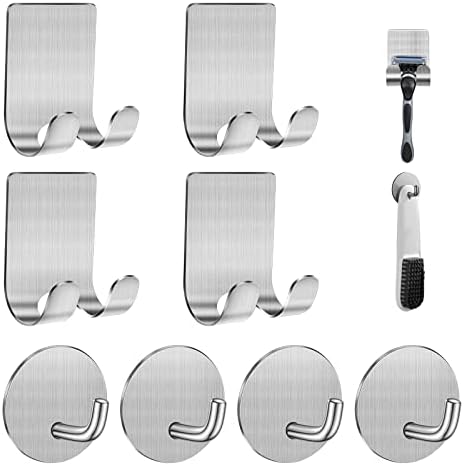 Diesisa Razor Holder for Shower + Adhesive Wall Hooks, Premium 304 Stainless Steel Shower Razor Holder with Heavy Duty Waterproof Sticky Hooks for Hanging Towels, Coat, hat (4+4 Pack)