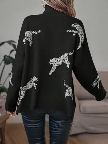 Image of WDIRARA Women's Leopard Print High Neck Long Sleeve Sweater Casual Knit Pullovers