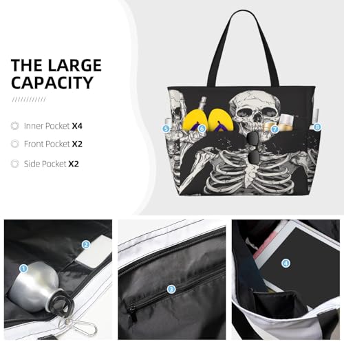 Funny Skull Beach Bags For Women, Human Skeleton Large Waterproof Tote Bag Sandproof Pool Bag Handbag For Travel Work Gym3