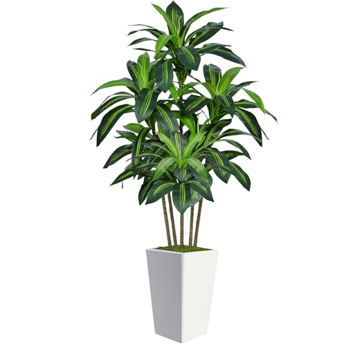 5FT Artificial Dracaena Tree with White Tall Planter, Lifelike 5 Trunks Leaves Artificial Plants Indoor, Large Fake Tree for Home Office Living Room Porch Patio Decor Housewarming