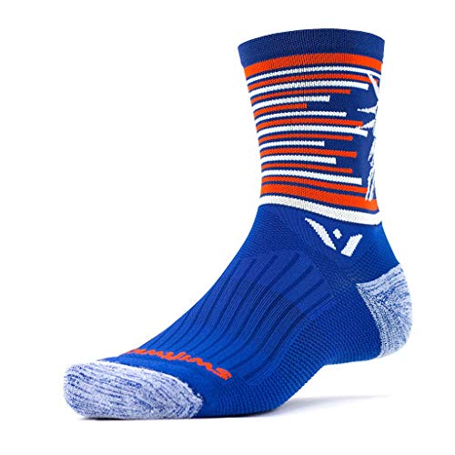 Swiftwick- VISION FIVE SPIRIT - New York | Socks Built for Cycling | Creative Designs, Fast Drying, Cushioned Crew Socks | Blue/White/Orange, Large
