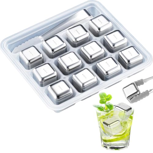 WUBAYI Paquete de 12 cubitos de hielo reutilizables – Acero inoxidable 304 con pinzas y caja de almacenamiento – Hielo congelador para vino/vodka/whisky/cerveza/jugos